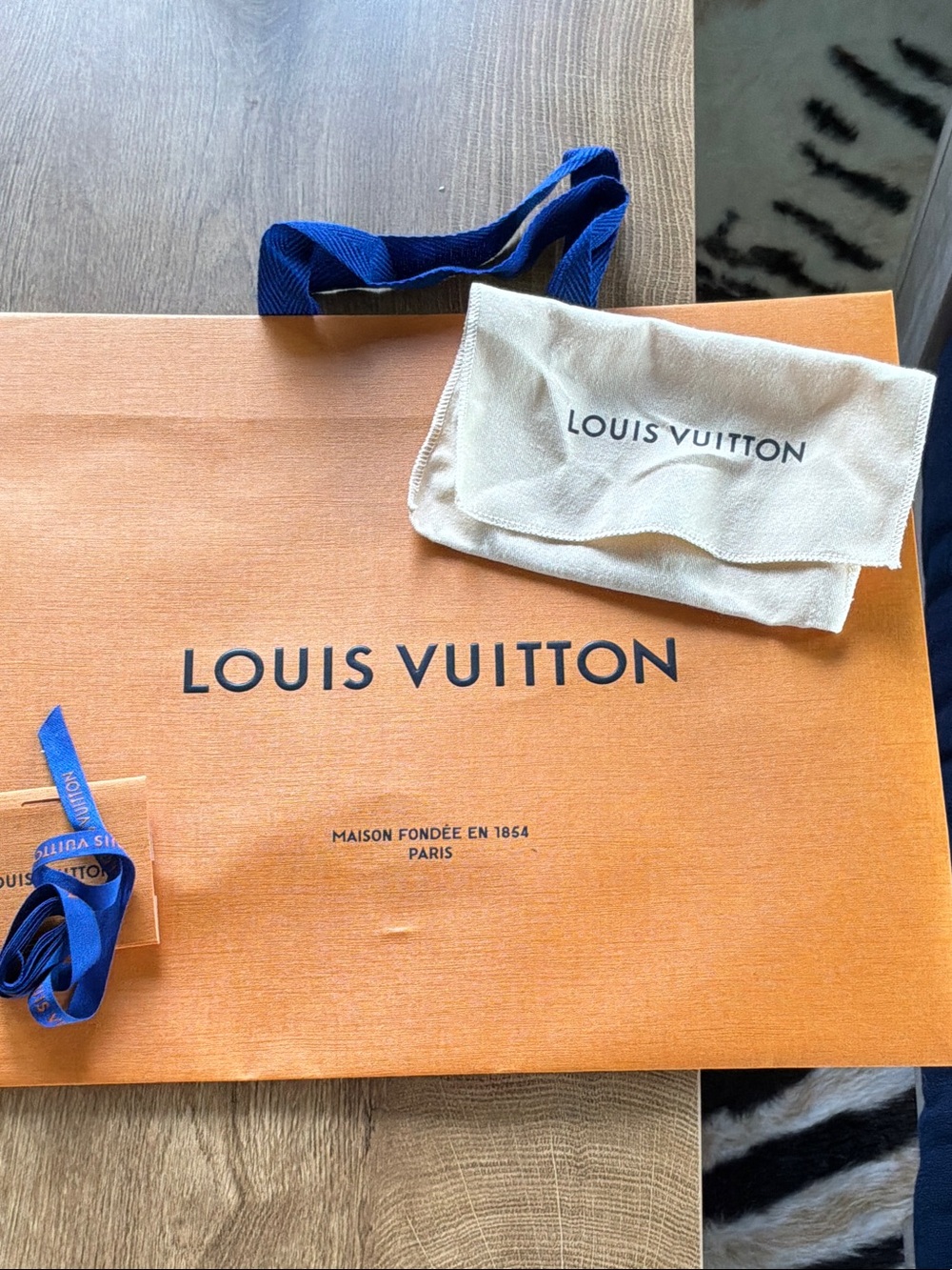 Louis Vuitton Orange Gift Bag with Blue Ribbon and Beige Dust Pouch